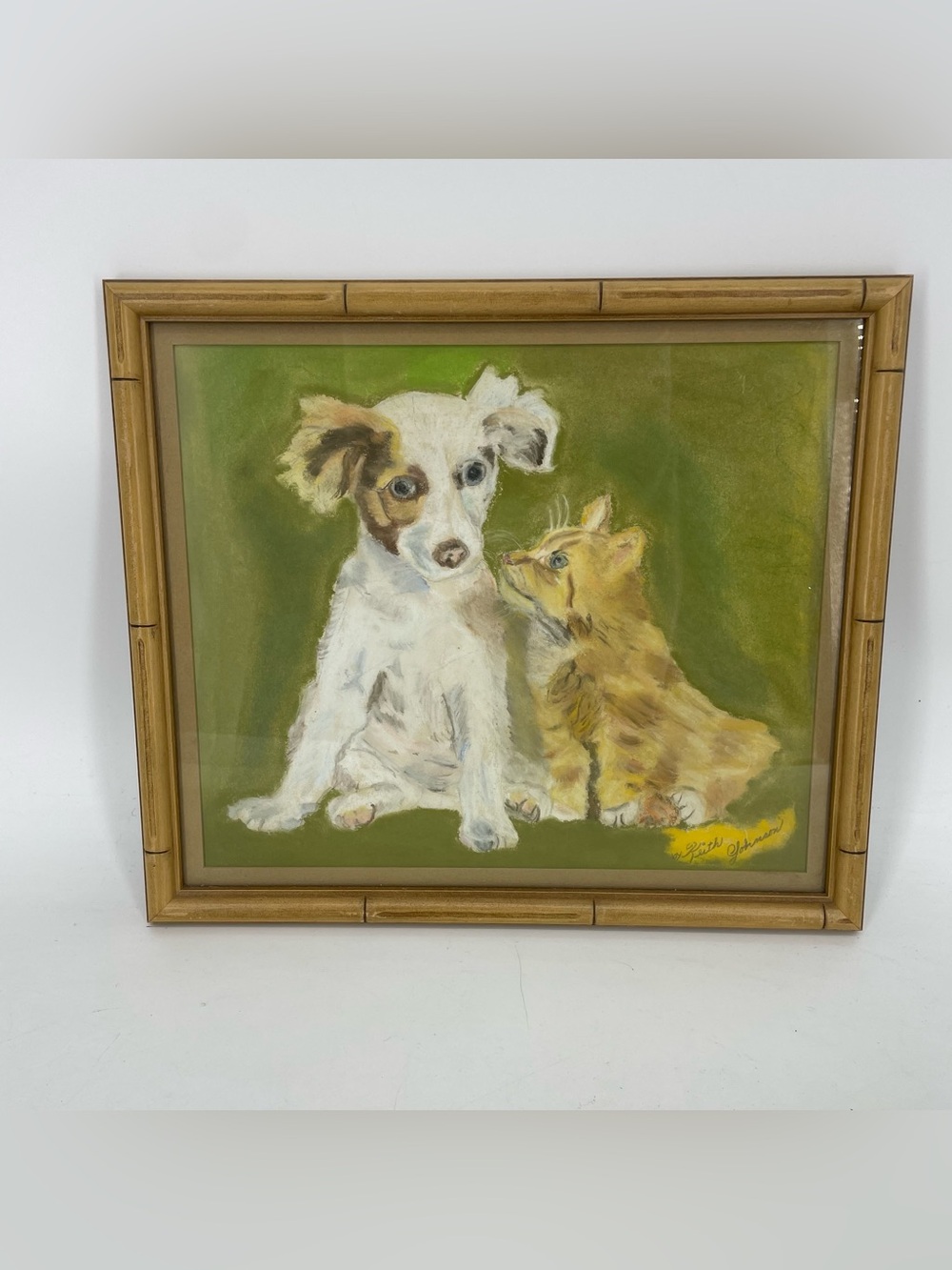 Cat Dog custom art bamboo frame 15 x 13 signed Keith Johnson puppy kitten